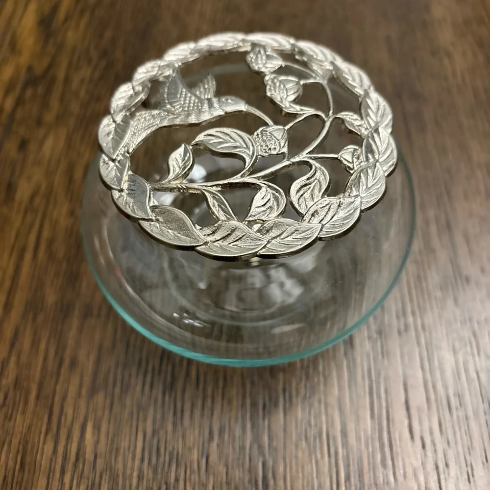 Pewter Hummingbird Floral Trinket Dish
